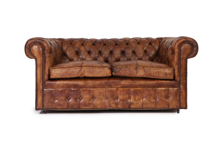 Antico divano chesterfield club 2 posti inglese originale marrone cognac