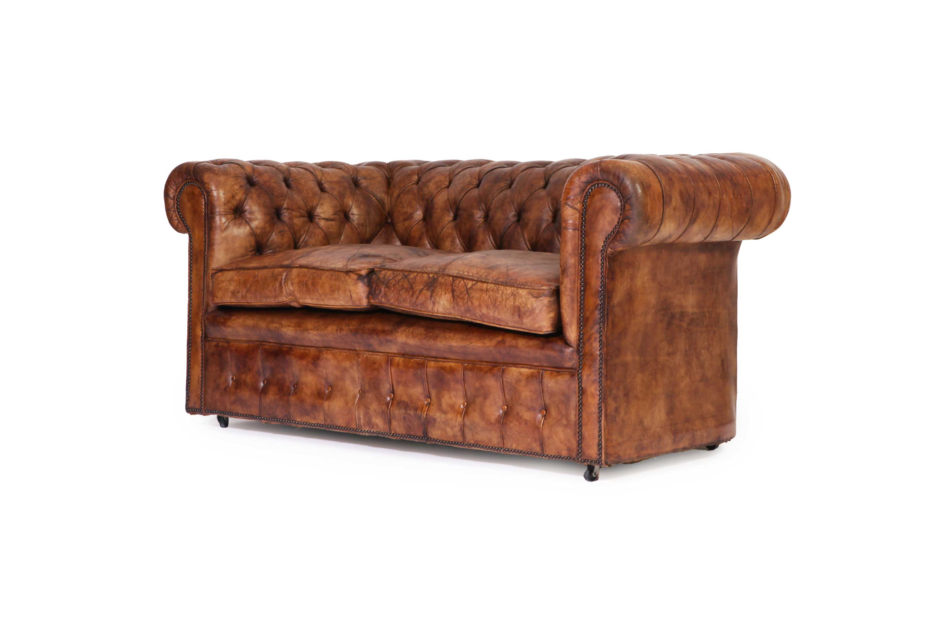 Antico divano chesterfield club 2 posti inglese originale marrone cognac