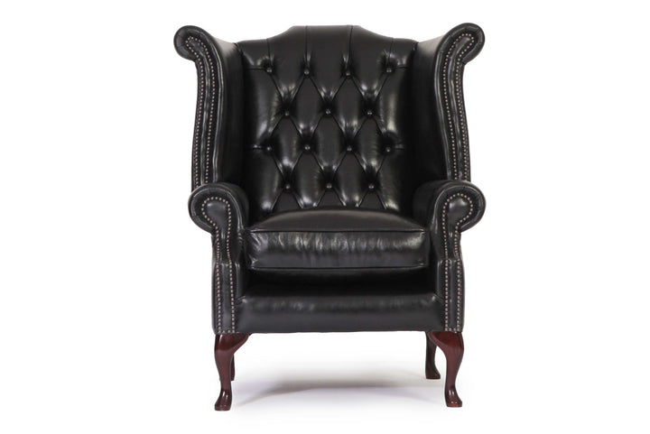 Poltrona chesterfield Queen Anne nuova originale inglese in pelle nera