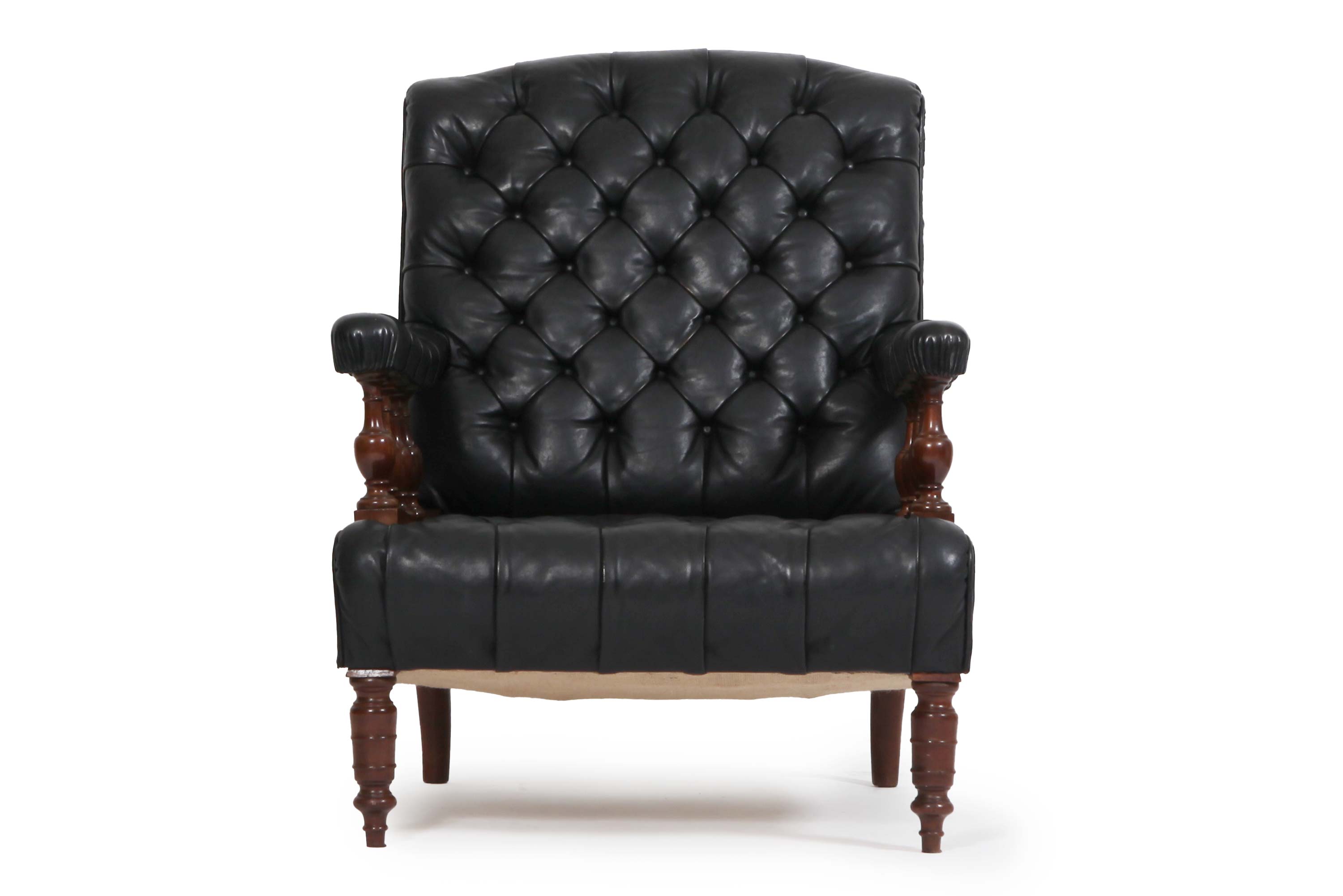 Poltrona chesterfield antica di epoca Vittoriana originale in pelle nera