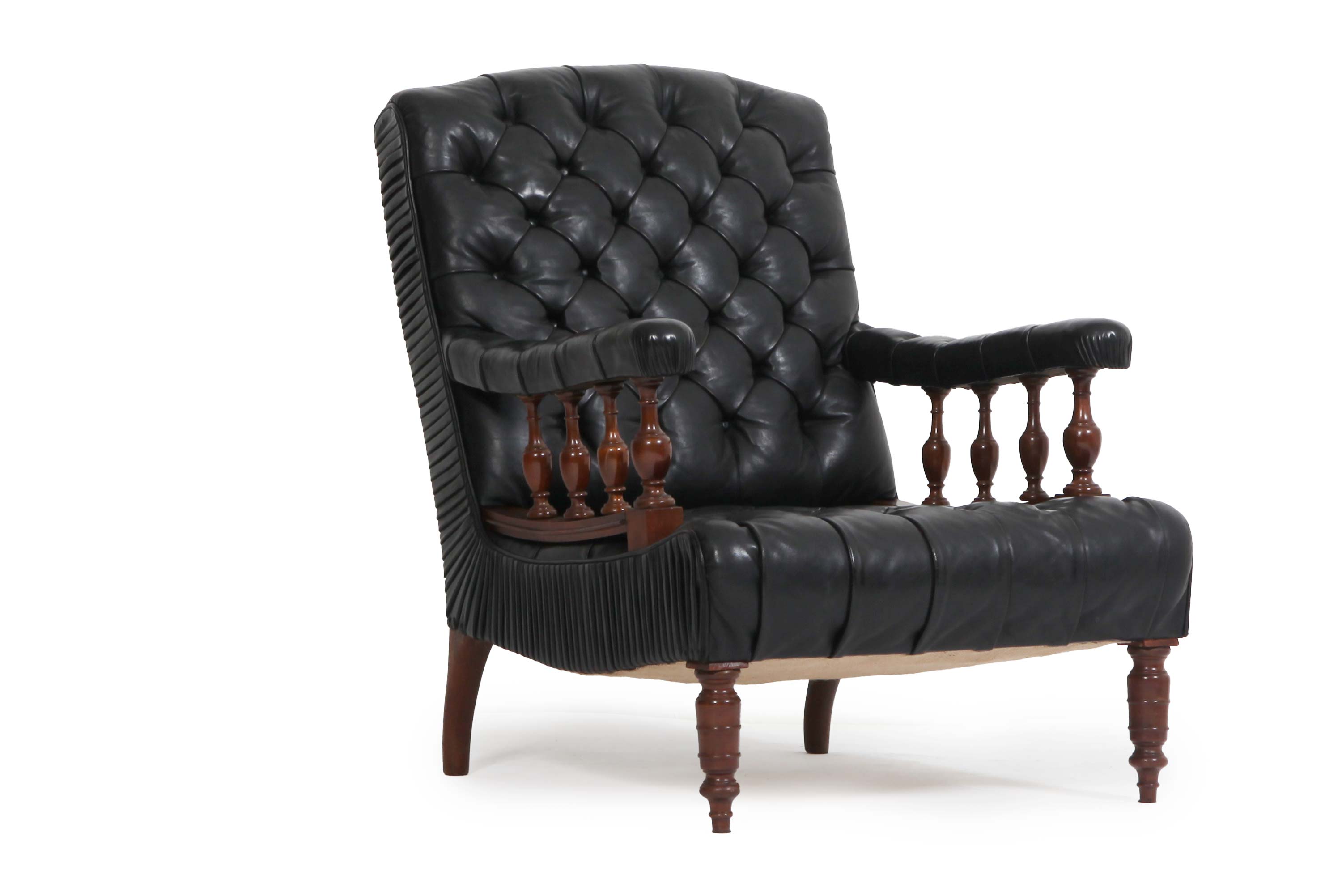 Poltrona chesterfield antica di epoca Vittoriana originale in pelle nera