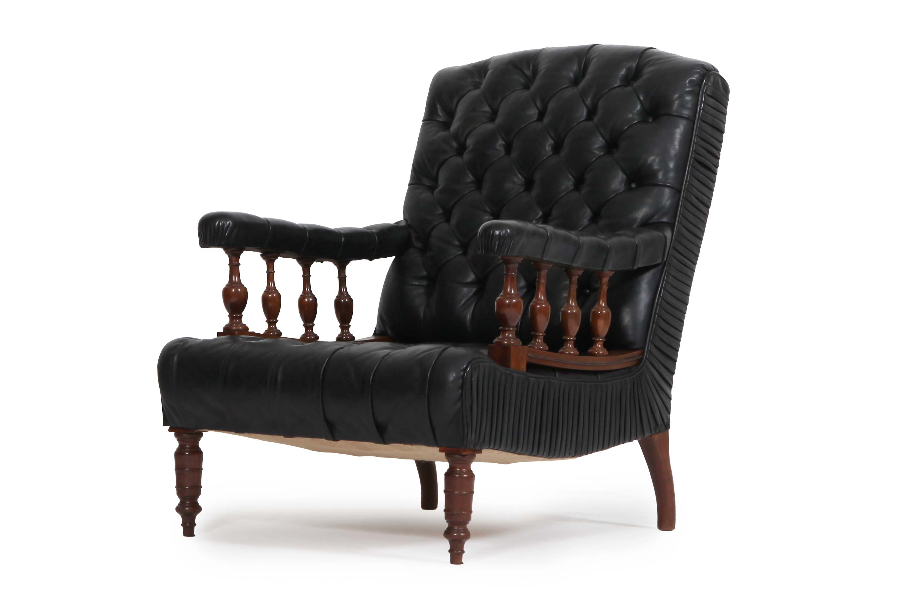 Poltrona chesterfield antica di epoca Vittoriana originale in pelle nera