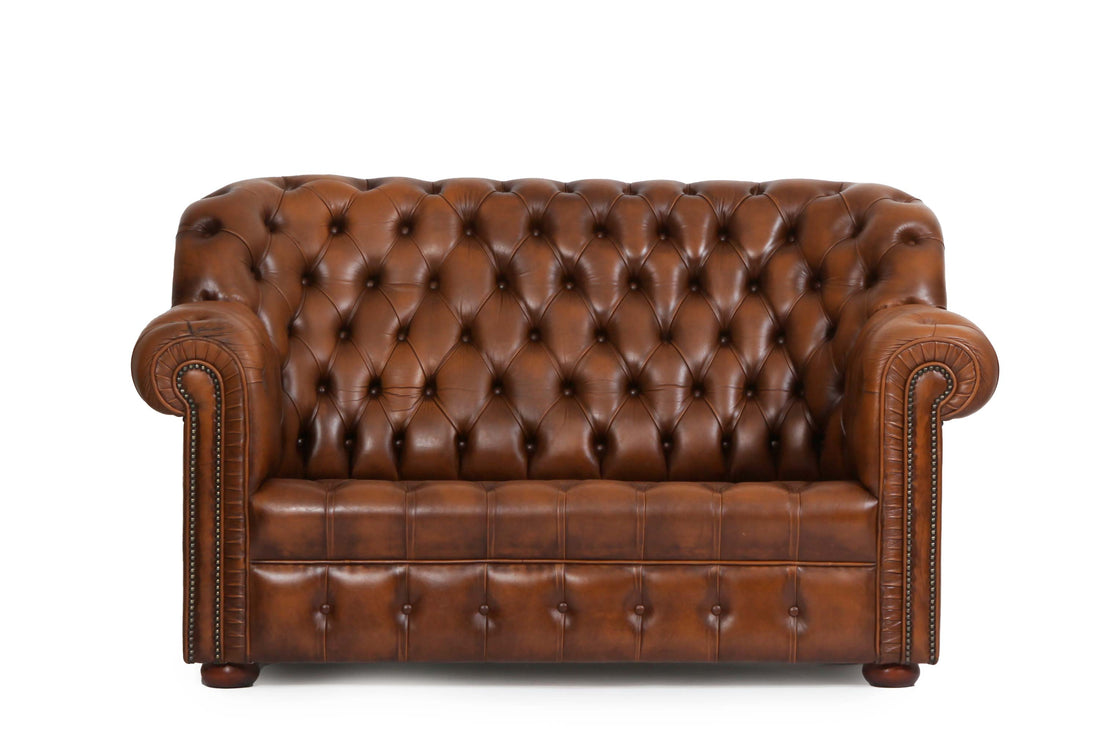 Divano due posti chesterfield bergere vintage inglese marrone cognac