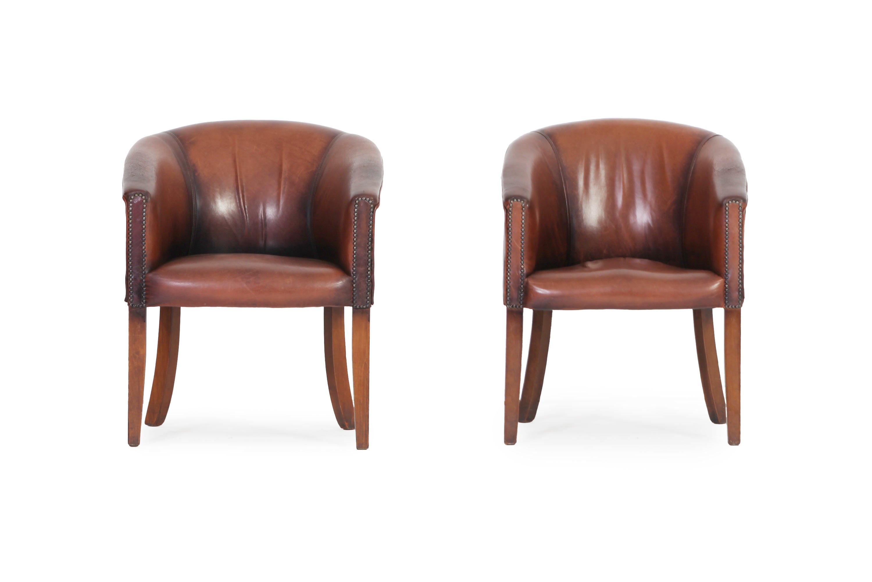 Coppia di poltrone a pozzetto inglese originale vintage marrone anticato