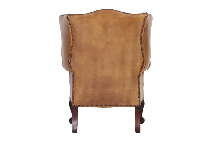Antica coppia di poltrone chesterfield Wing Back o bergere inglese originale in pelle tabacco