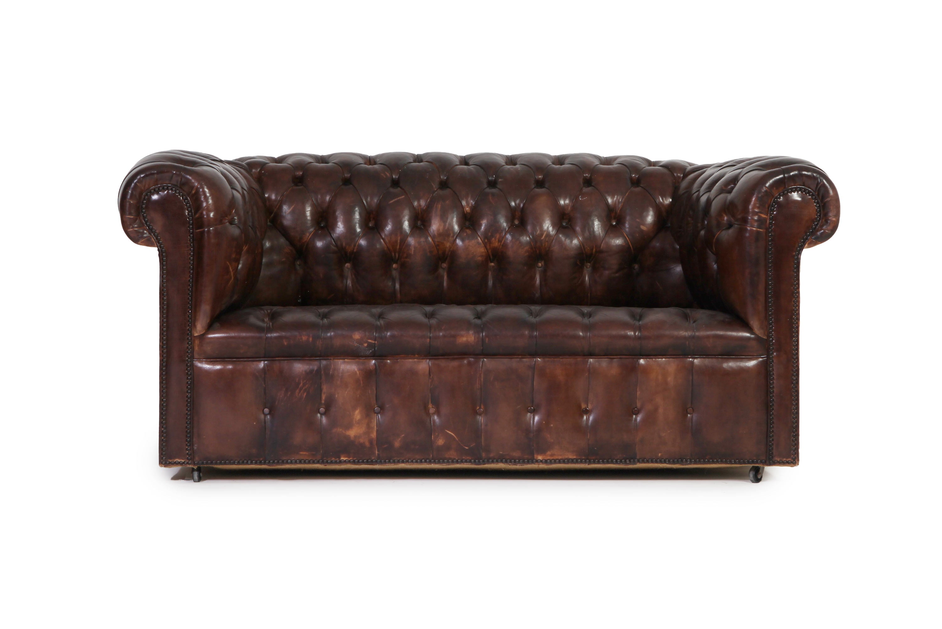 Antico divano 2 posti chesterfield club inglese originale in pelle marrone anticato