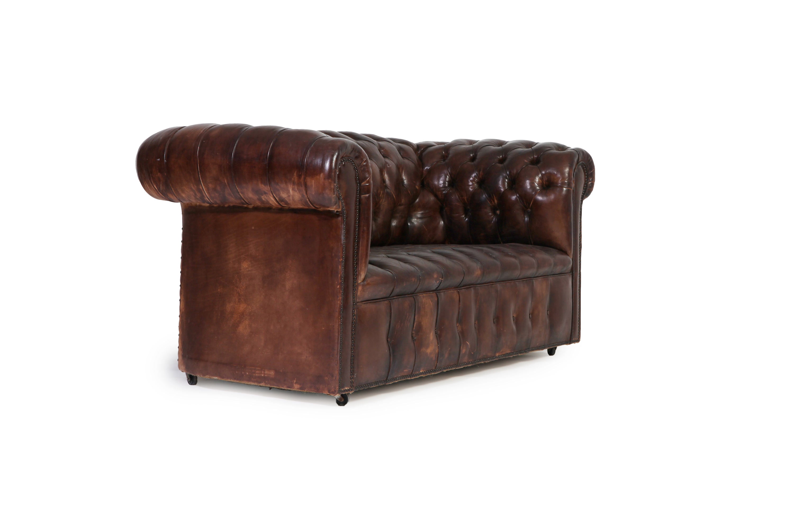 Antico divano 2 posti chesterfield club inglese originale in pelle marrone anticato