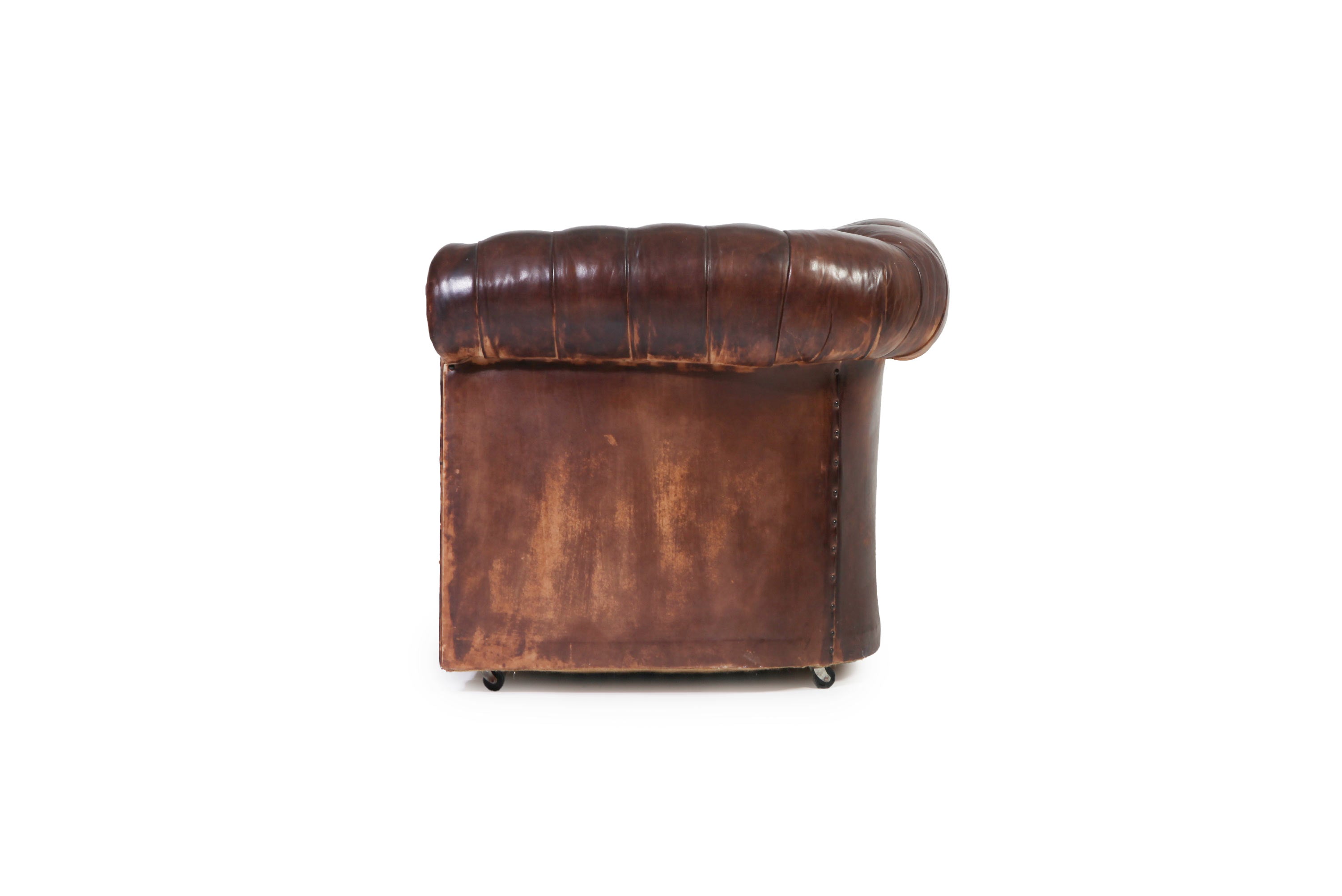 Antico divano 2 posti chesterfield club inglese originale in pelle marrone anticato