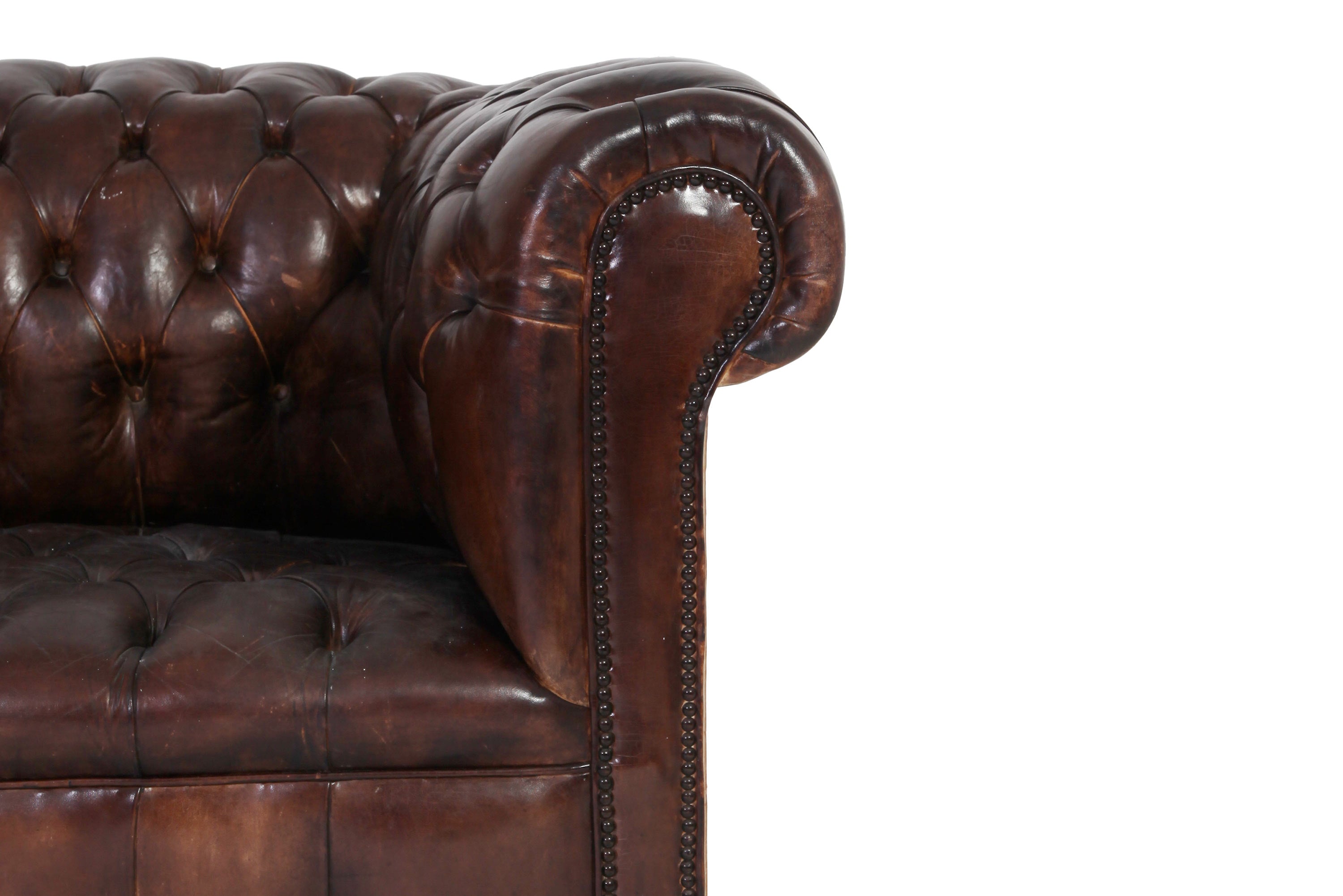 Antico divano 2 posti chesterfield club inglese originale in pelle marrone anticato