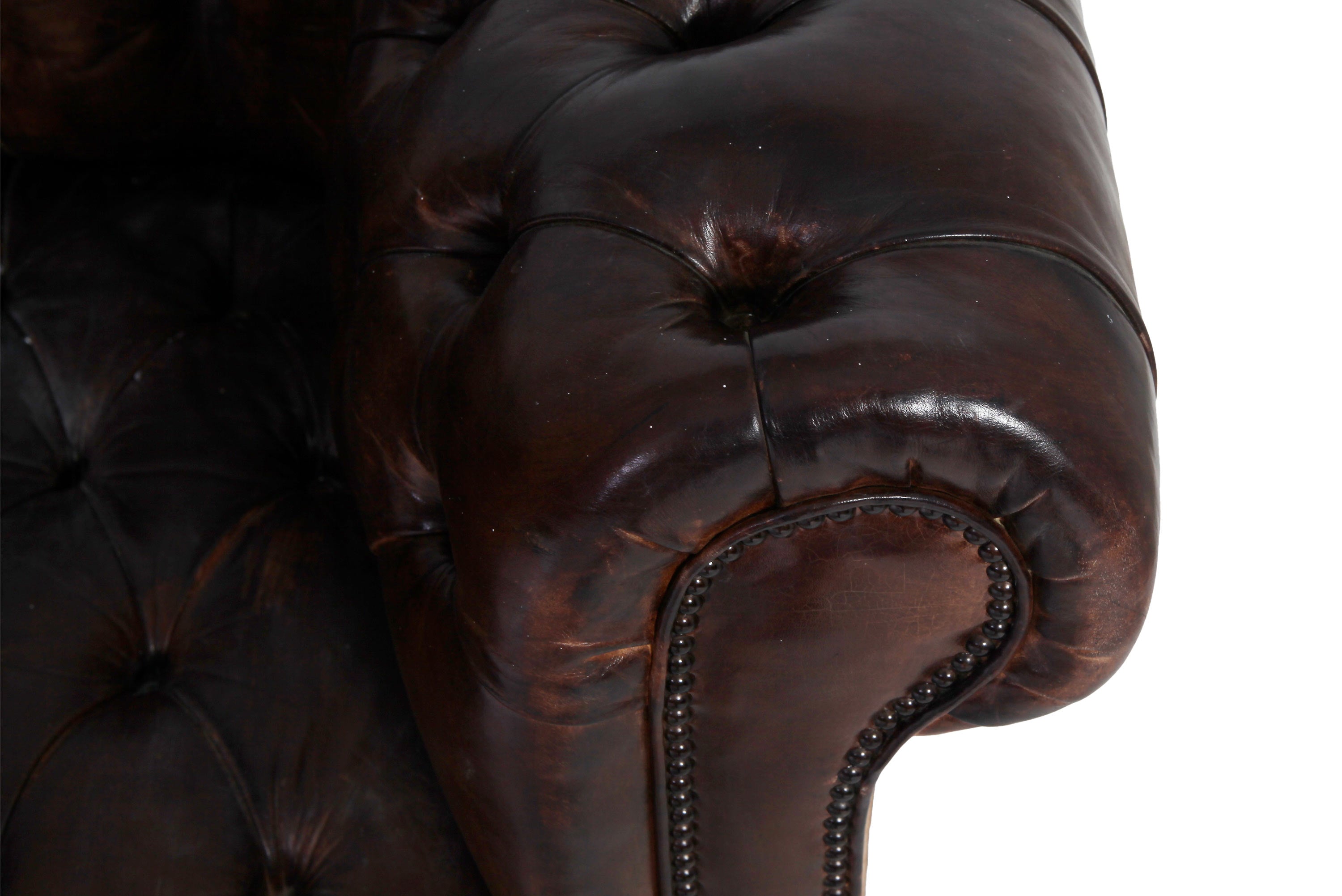 Antico divano 2 posti chesterfield club inglese originale in pelle marrone anticato