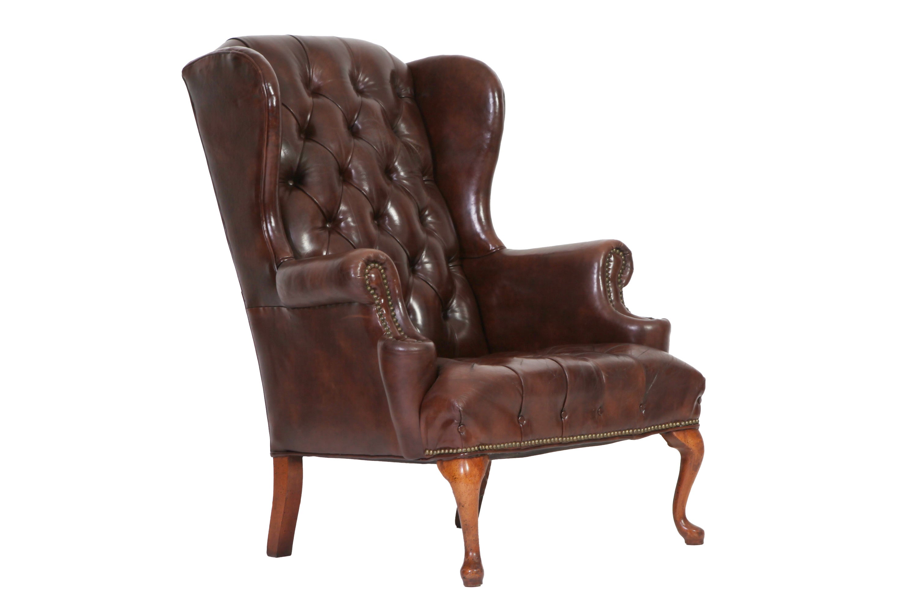 Coppia di poltrone chesterfield bergere vintage inglese originale in pelle marrone