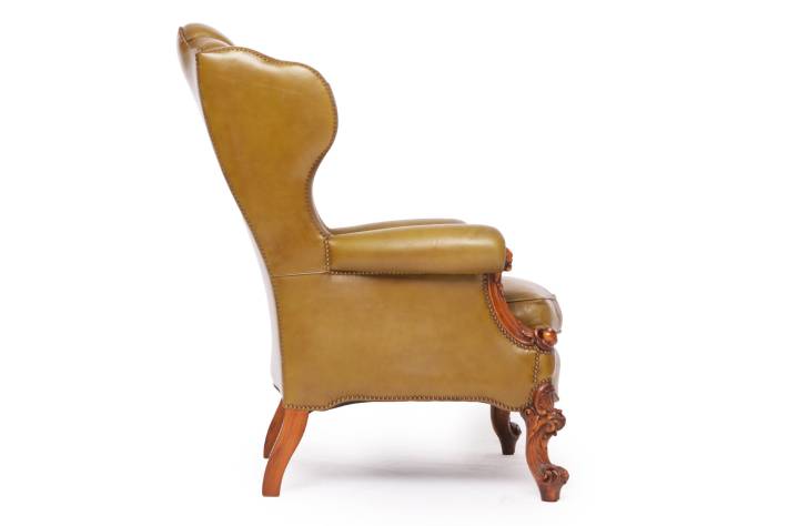 Poltrona chesterfield bergere inglese vintage in pelle verde oliva