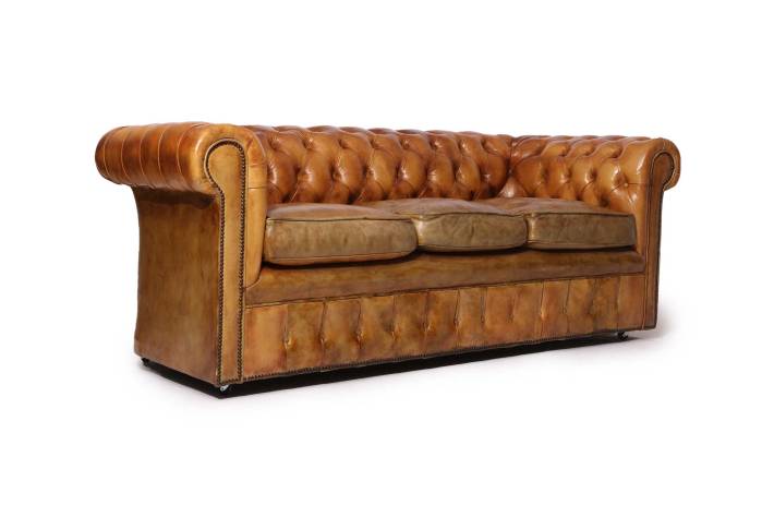 Antico divano chesterfield club 3 posti inglese originale in pelle marrone tabacco