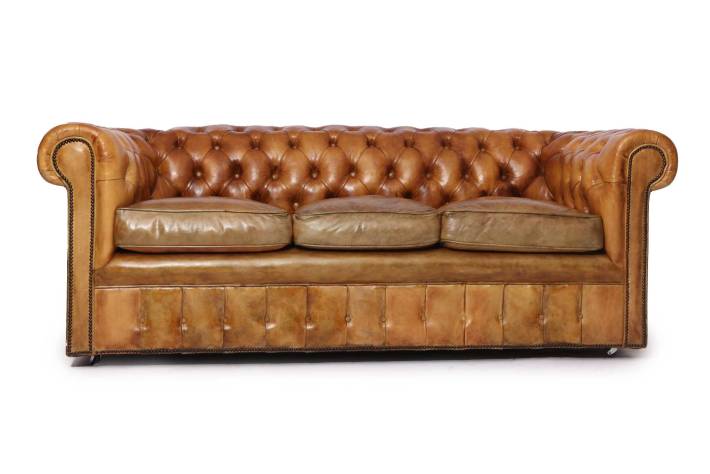 Antico divano chesterfield club 3 posti inglese originale in pelle marrone tabacco