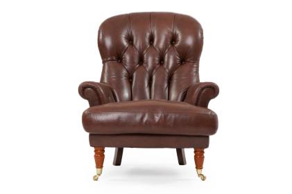 Poltrona chesterfield Spoonback inglese originale vintage in pelle marrone 