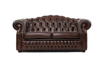 Divano Chesterfield Lawrence inglese originale vintage in pelle marrone anticato 